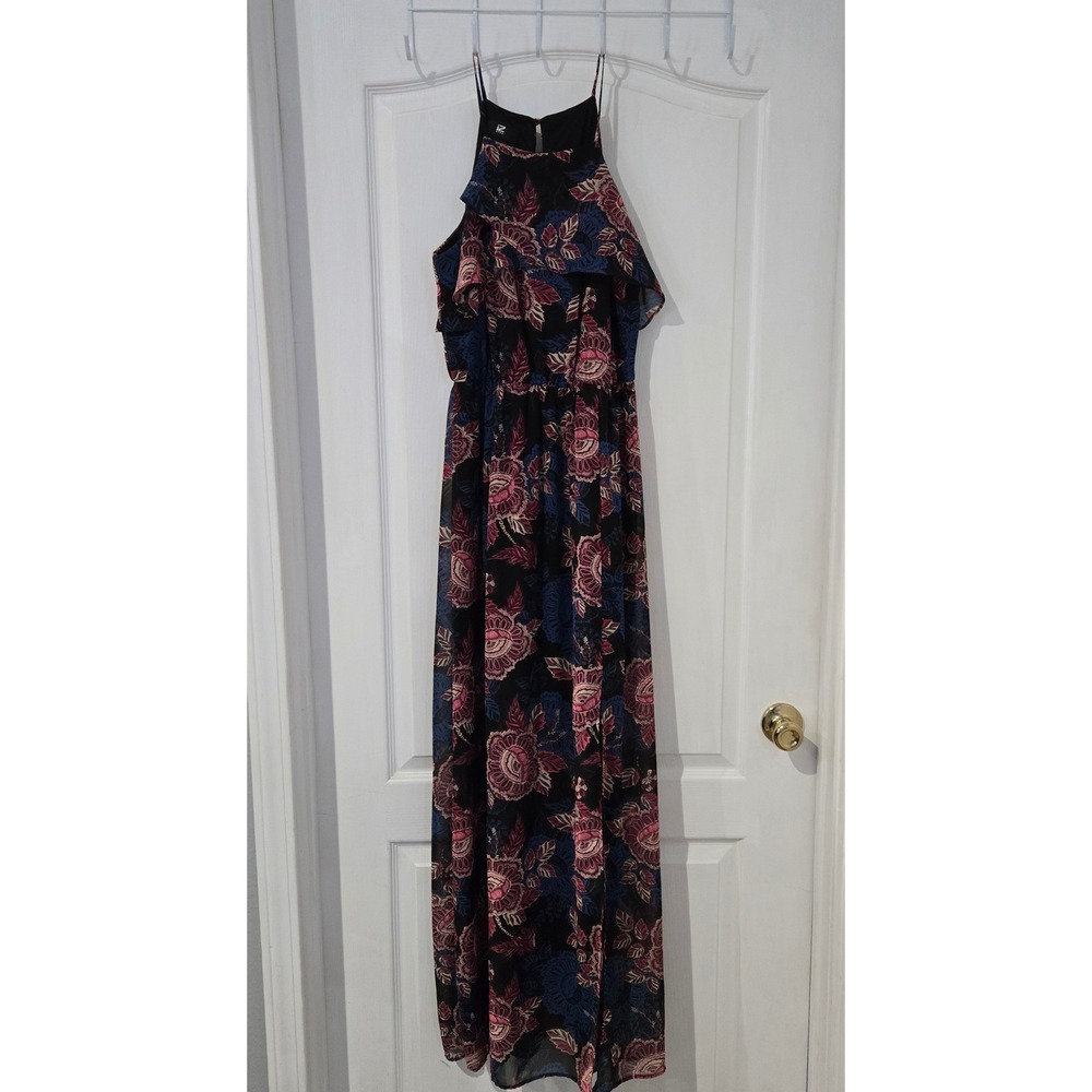 IZ Byer Floral Maxi Dress Womens Size M Black Pink Blue Boho